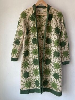 Floral Knit Long Cardigan in Cream and Green